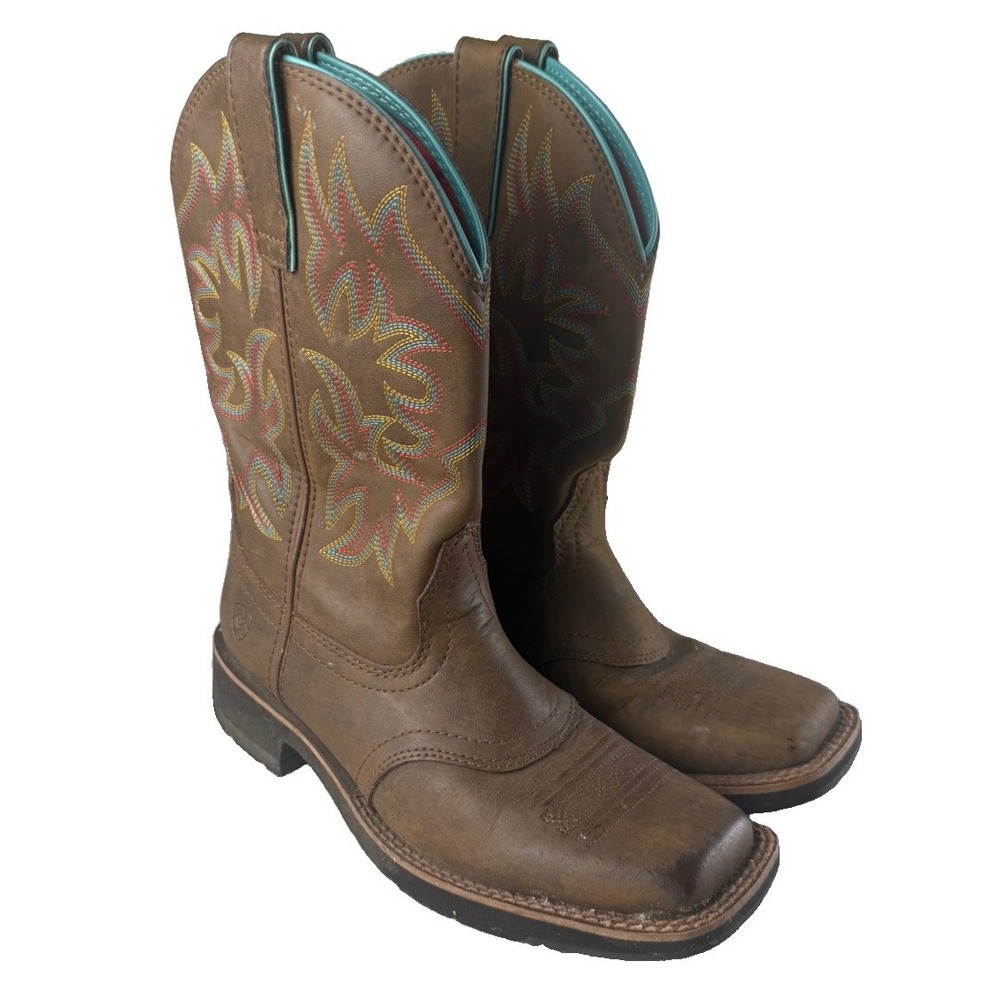 Ariat Cowboy Boots Womens 6.5 B Brown Leather Square Toe Western Embroidered